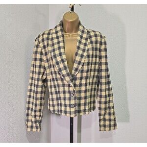 Y2K Academia Preppy Classic Plaid Wool Blend Short Blazer Womens 10 Gray Yellow